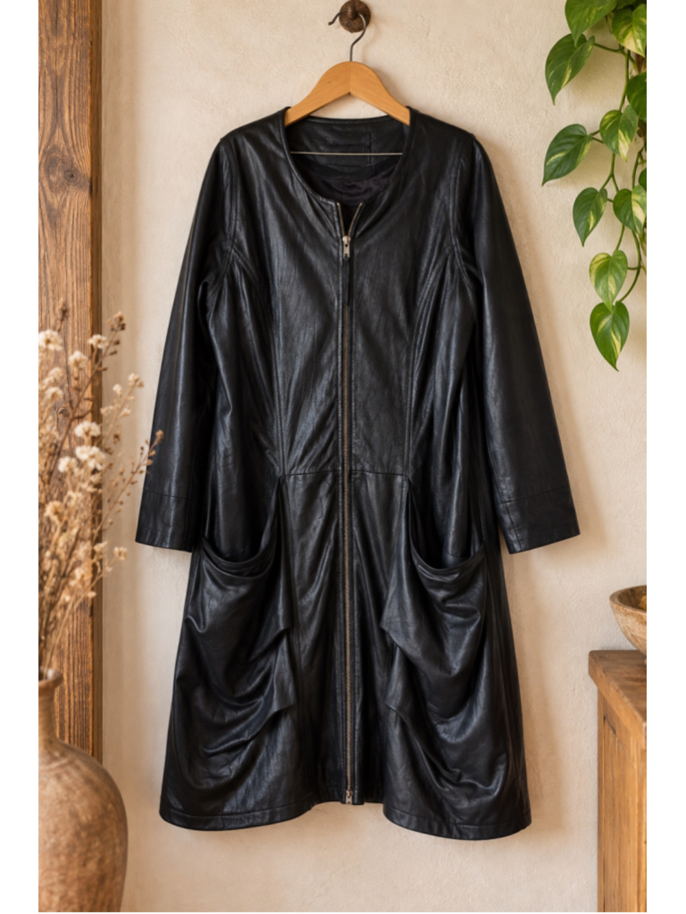 La Boheme Black Genuine Leather Long Jacket Coat Draped Pockets